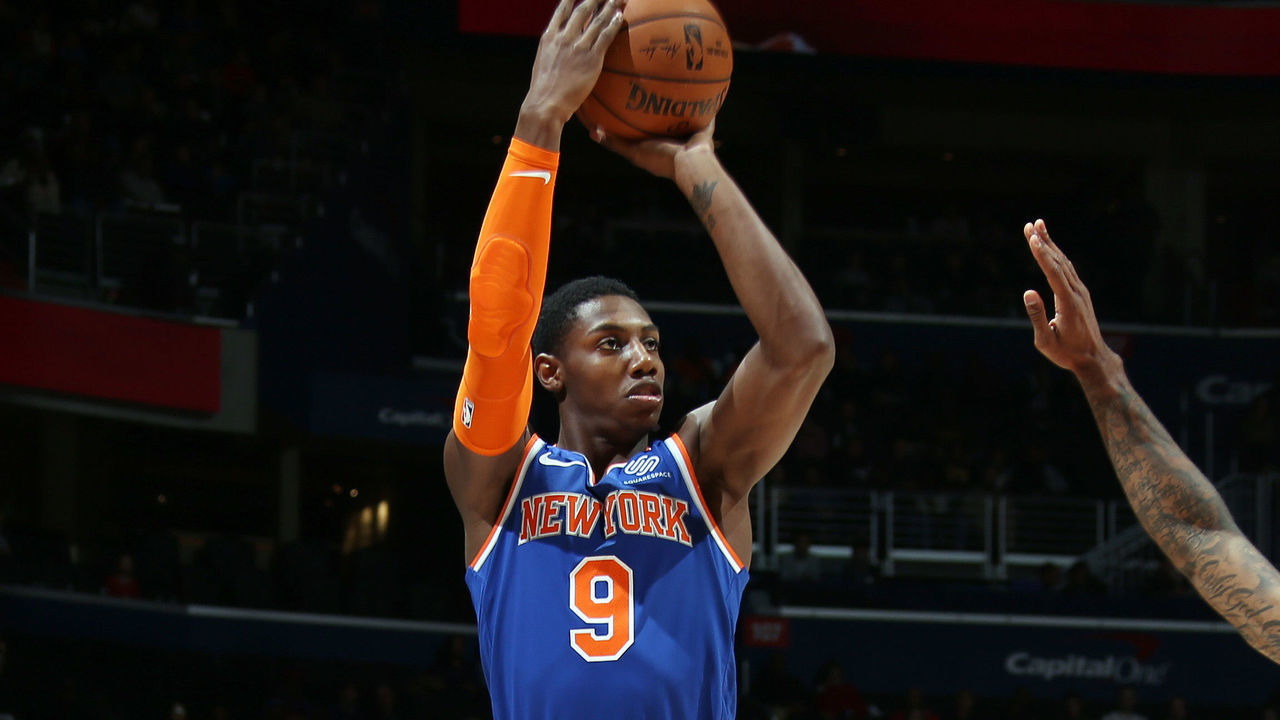 WASHINGTON, DC - DECEMBER 28: RJ Barrett #9 of the New York Knicks shoots a three point basket during the game against the Washington Wizards on December 28, 2019 at Capital One Arena in Washington, DC. Mandatory Copyright Notice: Copyright 2019 NBAE