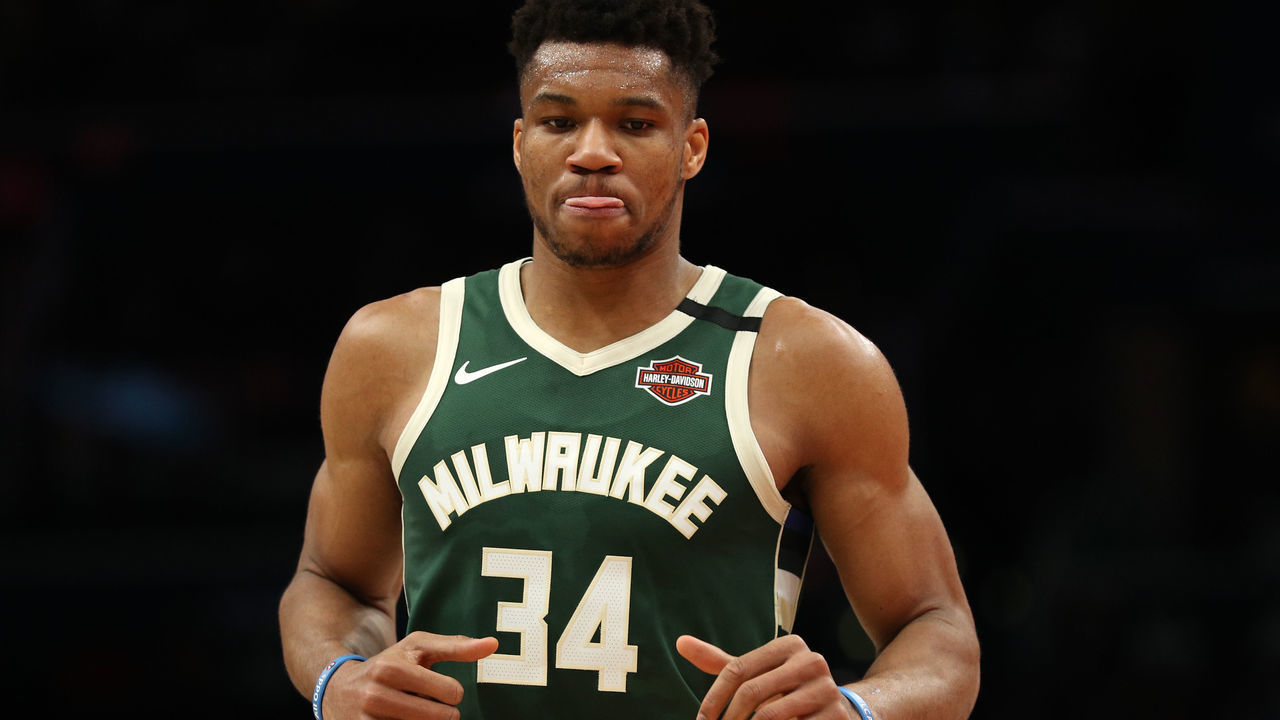 WASHINGTON, DC - FEBRUARY 24: Giannis Antetokounmpo #34 of the Milwaukee Bucks looks on against the Washington Wizards during the first half at Capital One Arena on February 24, 2020 in Washington, DC.
