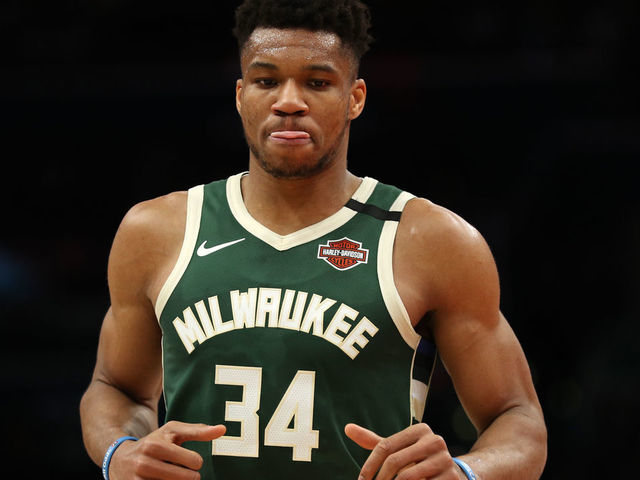 WASHINGTON, DC - FEBRUARY 24: Giannis Antetokounmpo #34 of the Milwaukee Bucks looks on against the Washington Wizards during the first half at Capital One Arena on February 24, 2020 in Washington, DC.