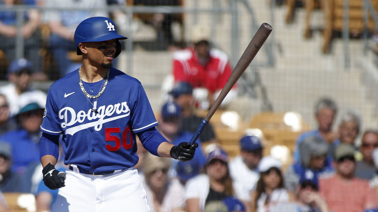 GLENDALE, ARIZONA - FEBRUARY 24: Mookie Betts #50 of the Los Angeles Dodgers bats against the Chicago White Sox during the third inning of a Cactus League spring training game at Camelback Ranch on February 24, 2020 in Glendale, Arizona.
