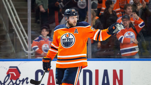 EDMONTON, AB - FEBRUARY 11: Leon Draisaitl #29 of the Edmonton Oilers celebrates his empty net goal against the Chicago Blackhawks at Rogers Place on February 11, 2020, in Edmonton, Canada.