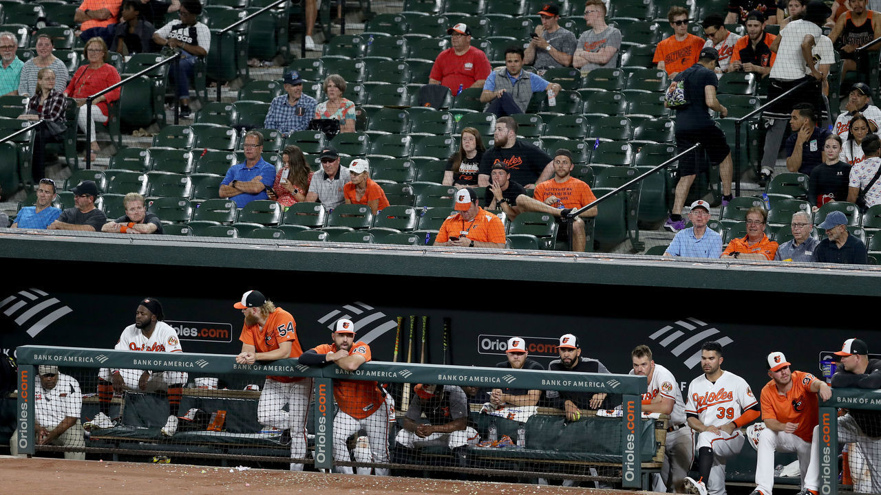 BALTIMORE, MARYLAND - MAY 29: Members of the Baltimore Orioles look on from the dugout in the ninth inning of their 4-2 loss to the Detroit Tigers at Oriole Park at Camden Yards on May 29, 2019 in Baltimore, Maryland.