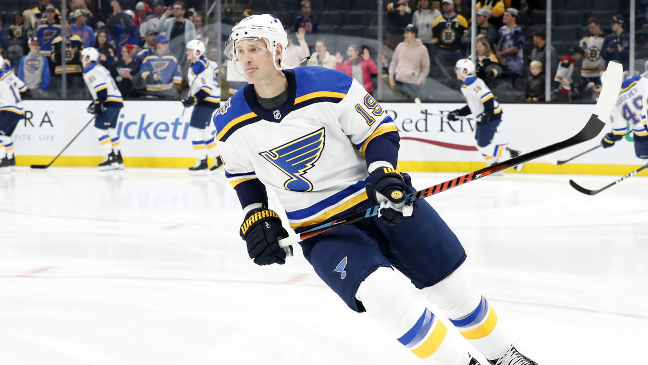 BOSTON, MA - OCTOBER 26: St. Louis Blues defenseman Jay Bouwmeester (19) in warm up before a game between the Boston Bruins and the St. Louis Blues on October 26, 2019, at TD Garden in Boston, Massachusetts.