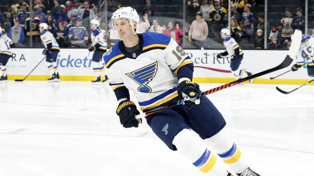 BOSTON, MA - OCTOBER 26: St. Louis Blues defenseman Jay Bouwmeester (19) in warm up before a game between the Boston Bruins and the St. Louis Blues on October 26, 2019, at TD Garden in Boston, Massachusetts.