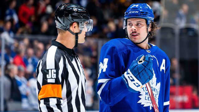 TORONTO, ON - FEBRUARY 20: Auston Matthews #34 of the Toronto Maple Leafs talks to referee Jean Hebert #15 at an NHL game against the Pittsburgh Penguins during the first period at the Scotiabank Arena on February 20, 2020 in Toronto, Ontario, Canada.