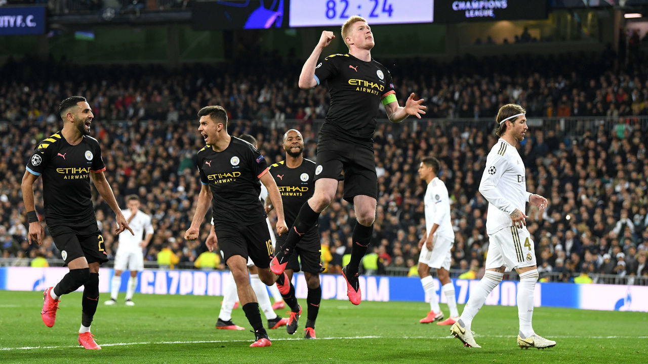 MADRID, SPAIN - FEBRUARY 26: Kevin De Bruyne of Manchester City celebrates after scoring his team's second goal during the UEFA Champions League round of 16 first leg match between Real Madrid and Manchester City at Bernabeu on February 26, 2020 in Madrid, Spain.