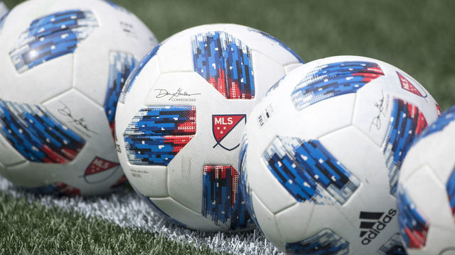 FOXBOROUGH, MASSACHUSETTS - March 24: Official match balls of the MLS showing the MLS logo on the sideline before the New England Revolution Vs New York City FC regular season MLS game at Gillette Stadium on March 24, 2018 in Foxborough, Massachusetts.