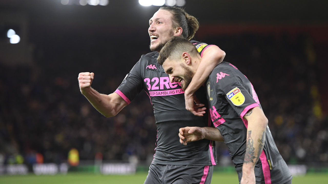 MIDDLESBROUGH, ENGLAND - FEBRUARY 26: Mateusz Klich of Leeds United celebrates with Luke Ayling after scoring his team's first goal during the Sky Bet Championship match between Middlesbrough and Leeds United at Riverside Stadium on February 26, 2020 in Middlesbrough, England.
