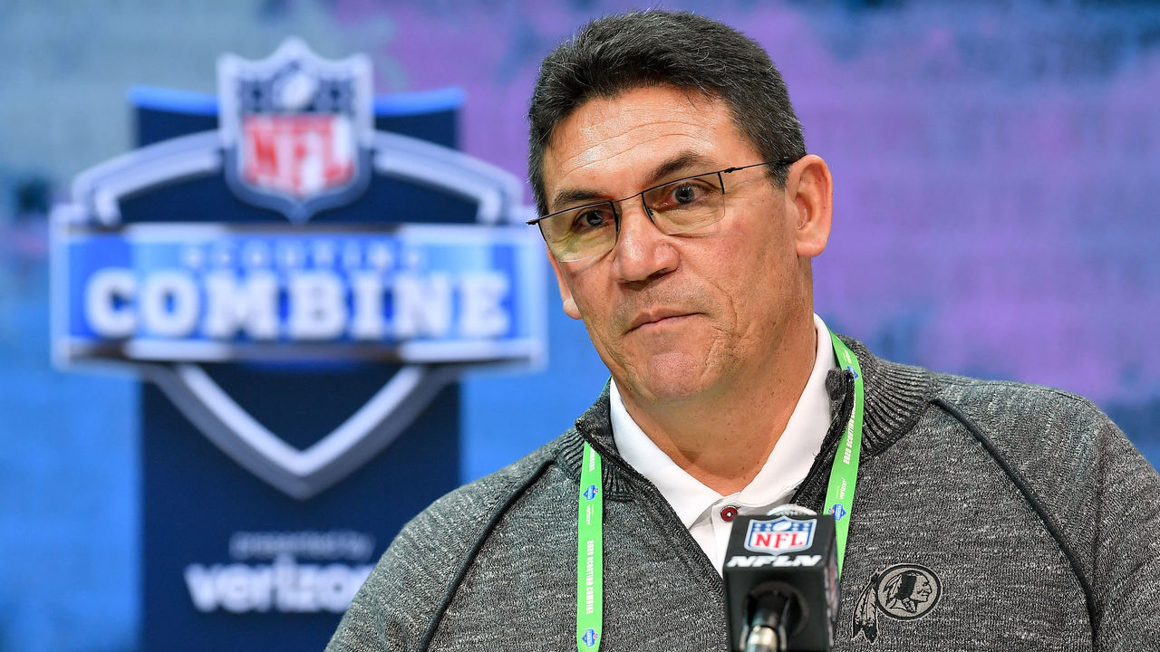 INDIANAPOLIS, INDIANA - FEBRUARY 26: Head coach Ron Rivera of the Washington Redskins interviews during the second day of the 2020 NFL Scouting Combine at Lucas Oil Stadium on February 26, 2020 in Indianapolis, Indiana.