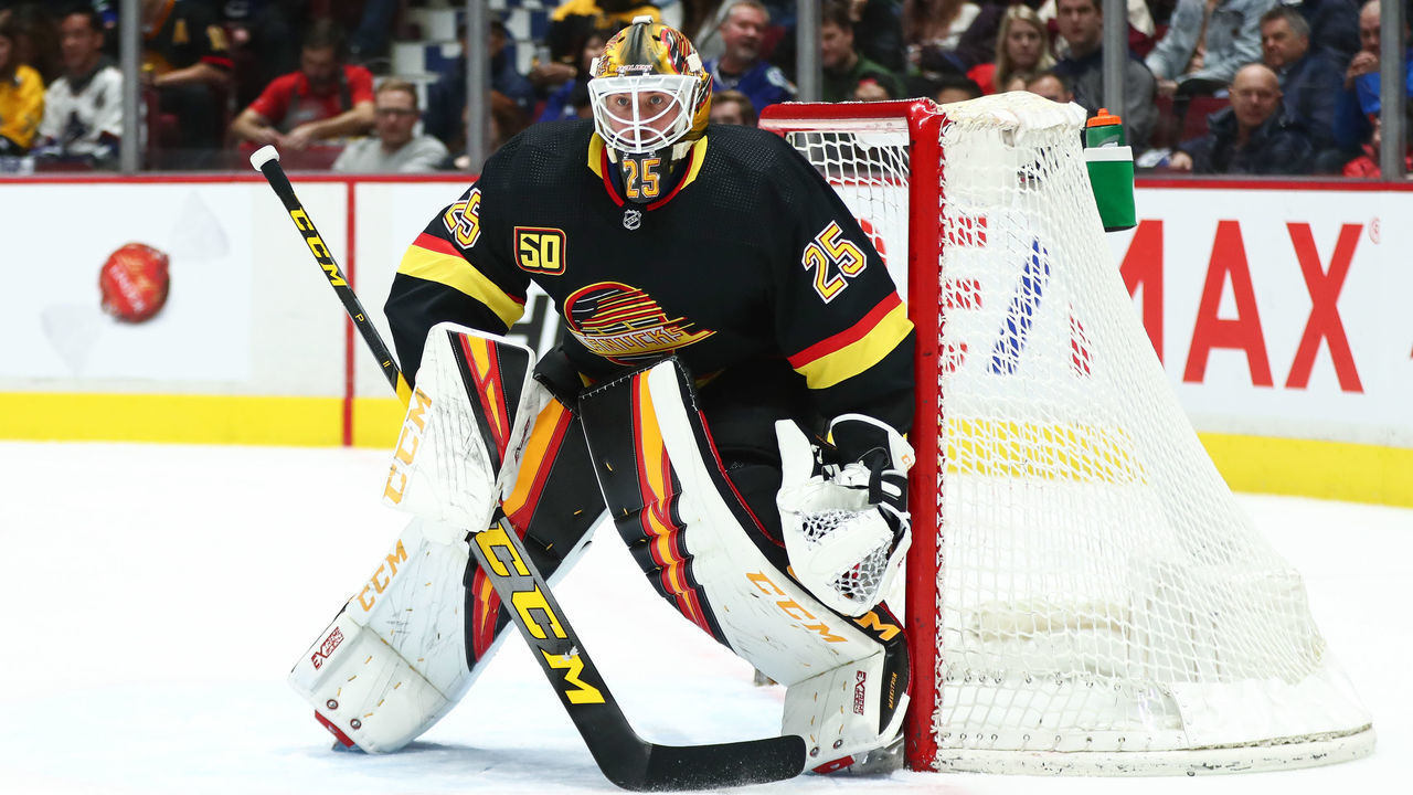 VANCOUVER, BC - FEBRUARY 10: Vancouver Canucks Goalie Jacob Markstrom (25) on ice against the Nashville Predators during their NHL game at Rogers Arena on February 10, 2020 in Vancouver, British Columbia, Canada.
