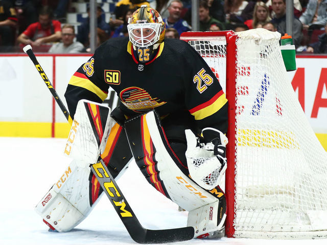 VANCOUVER, BC - FEBRUARY 10: Vancouver Canucks Goalie Jacob Markstrom (25) on ice against the Nashville Predators during their NHL game at Rogers Arena on February 10, 2020 in Vancouver, British Columbia, Canada.