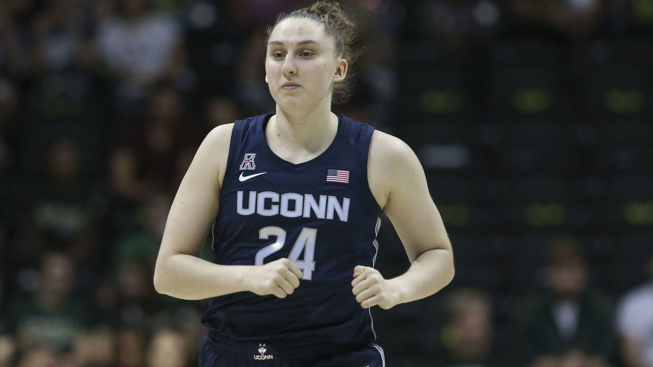 TAMPA, FL - FEBRUARY 16: UConn Huskies guard Anna Makurat (24) during the women's college basketball game between the Connecticut Huskies and South Florida Bulls on February 16, 2020 at the Yuengling Center in Tampa, FL.