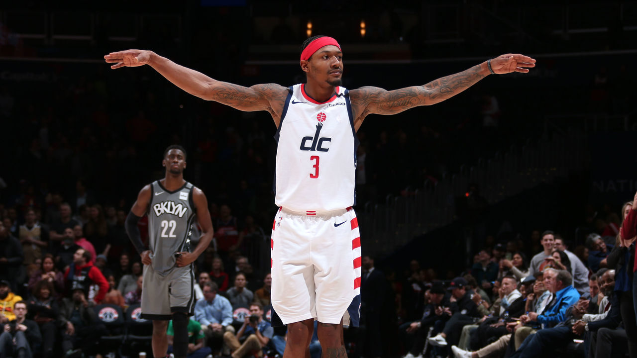 WASHINGTON, DC - FEBRUARY 26: Bradley Beal #3 of the Washington Wizards reacts during a game against the Brooklyn Nets on February 26, 2020 at Capital One Arena in Washington, DC. Mandatory Copyright Notice: Copyright 2020 NBAE