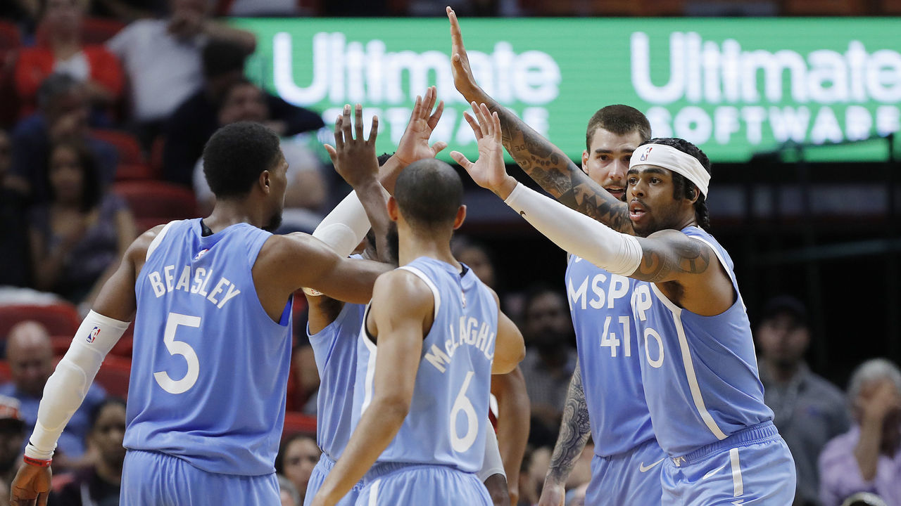 MIAMI, FLORIDA - FEBRUARY 26: D'Angelo Russell #0 of the Minnesota Timberwolves celebrates with teammates against the Miami Heat during the second half at American Airlines Arena on February 26, 2020 in Miami, Florida. NOTE TO USER: User expressly acknowledges and agrees that, by downloading and/or using this photograph, user is consenting to the terms and conditions of the Getty Images License Agreement.