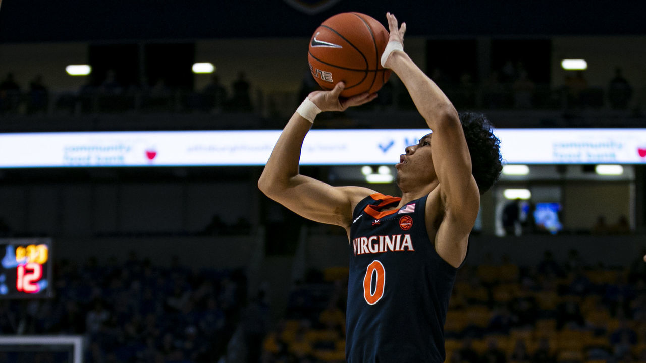PITTSBURGH, PA - FEBRUARY 22: Virginia Cavaliers guard Kihei Clark (0) shoots a three pointer during the college basketball game between the Virginia Cavaliers and the Pittsburgh Panthers on February 22, 2020 at The Petersen Events Center in Pittsburgh, PA.