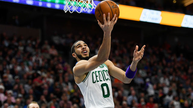 SALT LAKE CITY, UT - FEBRUARY 26: Jayson Tatum #0 of the Boston Celtics attempts a shot during a game against the Utah Jazz at Vivint Smart Home Arena on February 26, 2020 in Salt Lake City, Utah. NOTE TO USER: User expressly acknowledges and agrees that, by downloading and/or using this photograph, user is consenting to the terms and conditions of the Getty Images License Agreement.