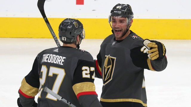 LAS VEGAS, NEVADA - FEBRUARY 26: Shea Theodore #27 of the Vegas Golden Knights celebrates after scoring a goal during the third period against the Edmonton Oilers at T-Mobile Arena on February 26, 2020 in Las Vegas, Nevada.