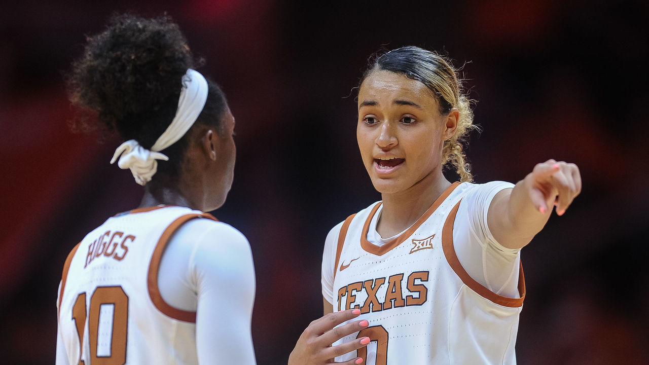 KNOXVILLE, TN - DECEMBER 08: Texas Longhorns guard Celeste Taylor (0) talks with guard Lashann Higgs (10) during a college basketball game between the Tennessee Lady Vols and Texas Longhorns on December 8, 2019, at Thompson-Boling Arena in Knoxville, TN.