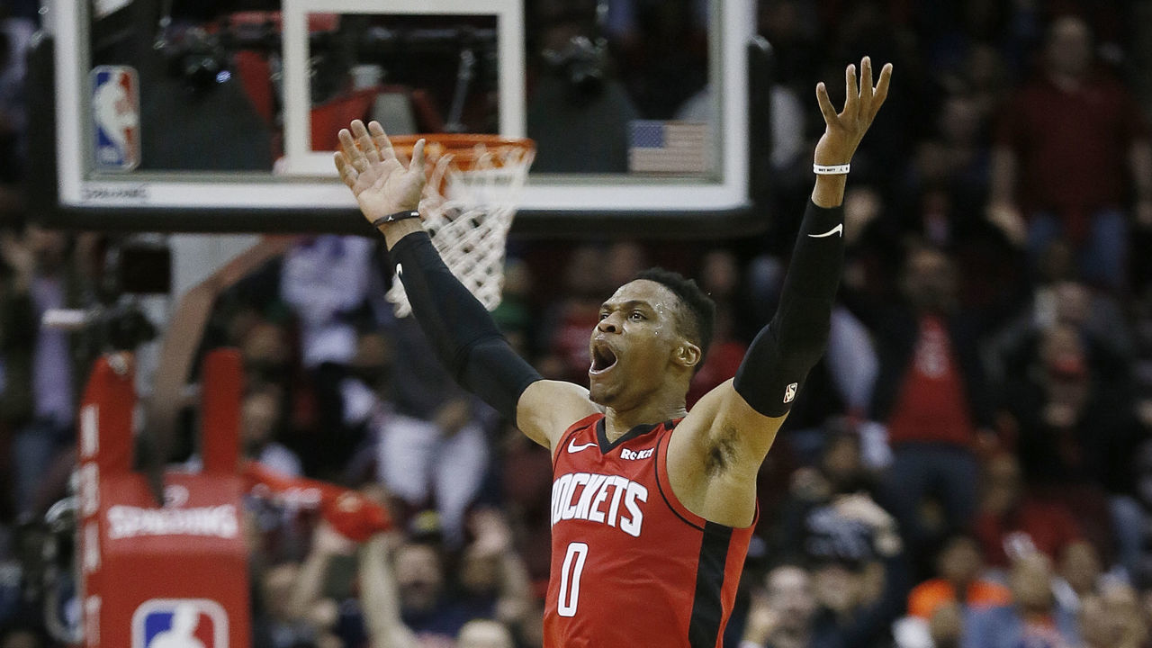 HOUSTON, TEXAS - FEBRUARY 26: Russell Westbrook #0 of the Houston Rockets hypes the crowd after a slam dunk during the second quarter against the Memphis Grizzlies at Toyota Center on February 26, 2020 in Houston, Texas. NOTE TO USER: User expressly acknowledges and agrees that, by downloading and/or using this photograph, user is consenting to the terms and conditions of the Getty Images License Agreement.