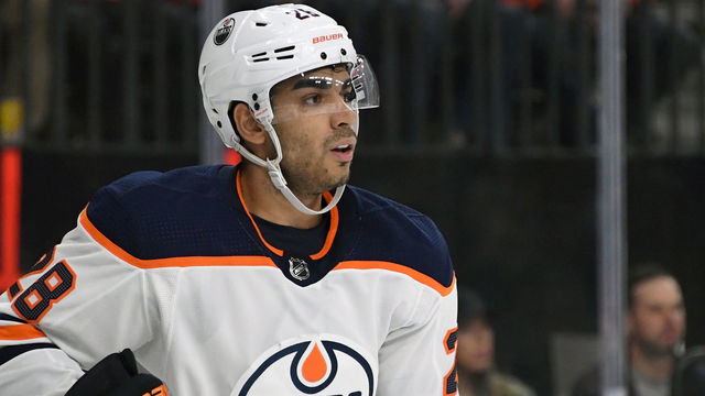LAS VEGAS, NEVADA - FEBRUARY 26: Andreas Athanasiou #28 of the Edmonton Oilers skates against the Vegas Golden Knights in the first period of their game at T-Mobile Arena on February 26, 2020 in Las Vegas, Nevada. The Golden Knights defeated the Oilers 3-0.