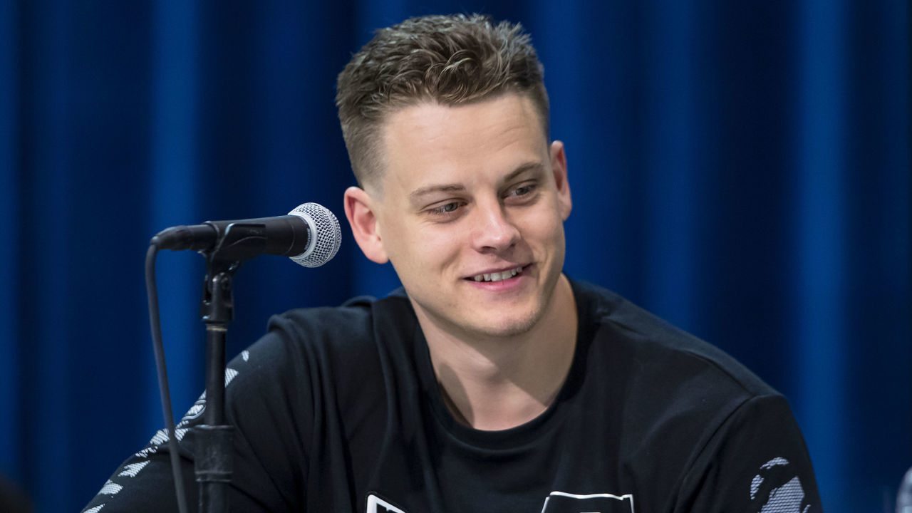 INDIANAPOLIS, IN - FEBRUARY 25: Joe Burrow #QB02 of the LSU Tigers speaks to the media at the Indiana Convention Center on February 25, 2020 in Indianapolis, Indiana. *** Local Capture *** Joe Burrow