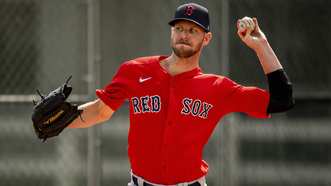 FT. MYERS, FL - FEBRUARY 20: Chris Sale #41 of the Boston Red Sox pitches during a team workout on February 20, 2020 at jetBlue Park at Fenway South in Fort Myers, Florida.