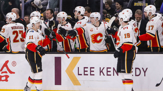BOSTON, MA - FEBRUARY 25: Flames bench congratulates Calgary Flames center Mikael Backlund (11) after goal during the Calgary Flames and Boston Bruins NHL game on February 25, 2020, at TD Garden in Boston, MA.