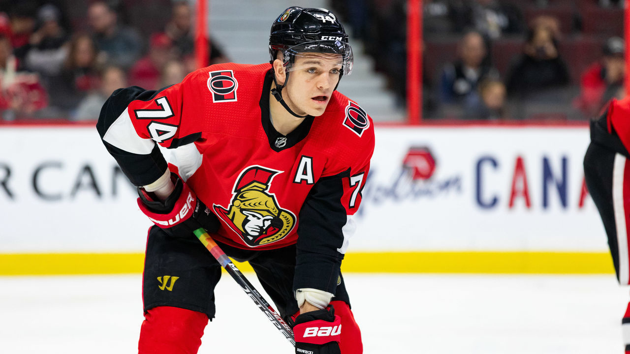 OTTAWA, ON - FEBRUARY 13: Ottawa Senators Defenceman Mark Borowiecki (74) prepares for a face-off during first period National Hockey League action between the Arizona Coyotes and Ottawa Senators on February 13, 2020, at Canadian Tire Centre in Ottawa, ON, Canada.