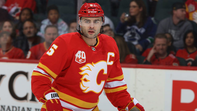 CALGARY, AB - DECEMBER 29: Mark Giordano #5 of the Calgary Flames skates in the game against the Vancouver Canucks at Scotiabank Saddledome on December 29, 2019 in Calgary, Alberta, Canada.