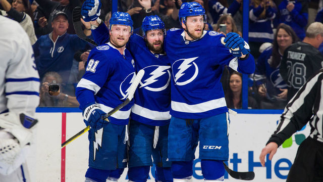 TAMPA, FL - FEBRUARY 25: Nikita Kucherov #86 of the Tampa Bay Lightning celebrates his goal with teammates Steven Stamkos #91 and Erik Cernak #81 against the Toronto Maple Leafs during the first period at Amalie Arena on February 25, 2020 in Tampa, Florida.