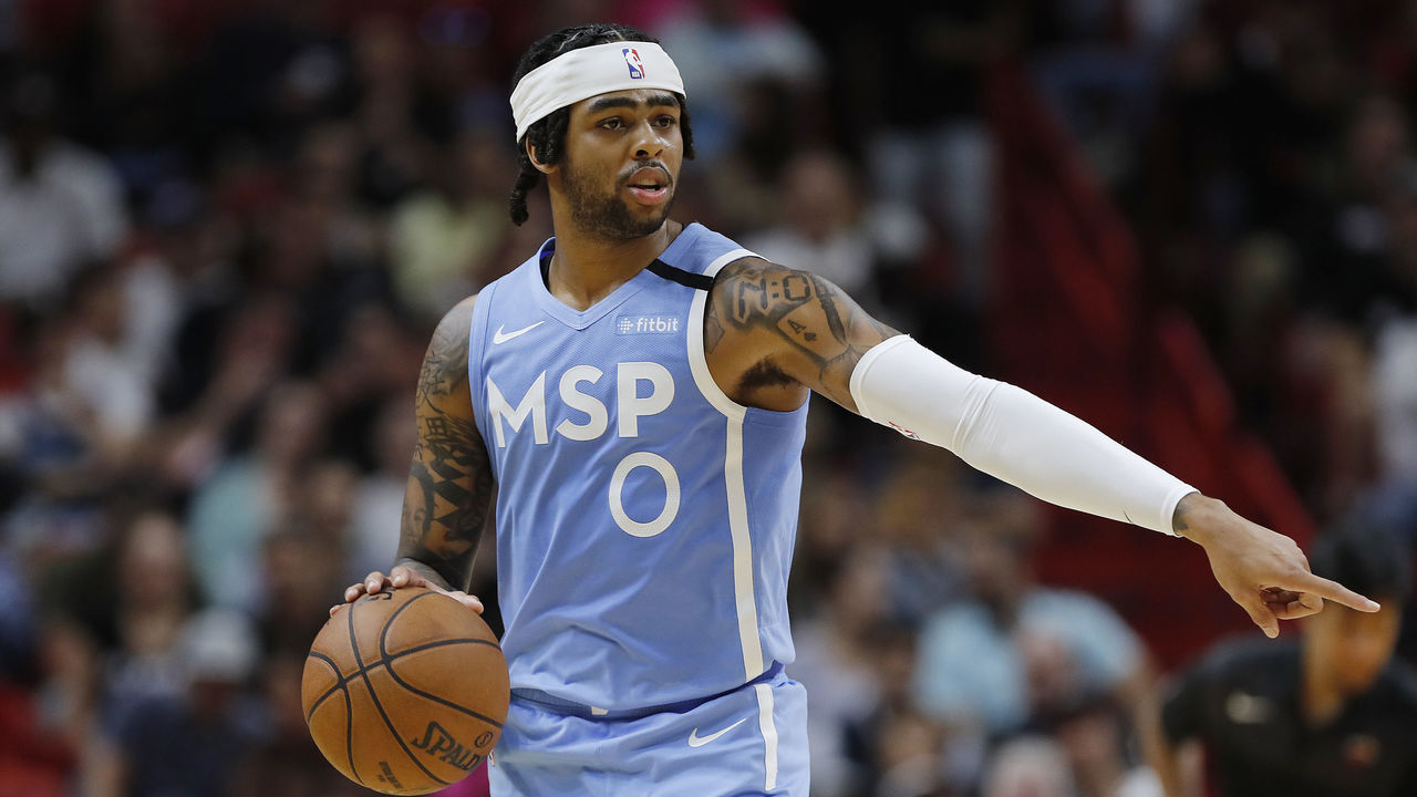 MIAMI, FLORIDA - FEBRUARY 26: D'Angelo Russell #0 of the Minnesota Timberwolves dribbles with the ball against the Miami Heat during the first half at American Airlines Arena on February 26, 2020 in Miami, Florida. NOTE TO USER: User expressly acknowledges and agrees that, by downloading and/or using this photograph, user is consenting to the terms and conditions of the Getty Images License Agreement.