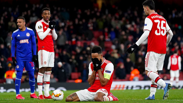 Arsenal's Pierre-Emerick Aubameyang after a missed chance during the Europa League match at the Emirates Stadium, London.