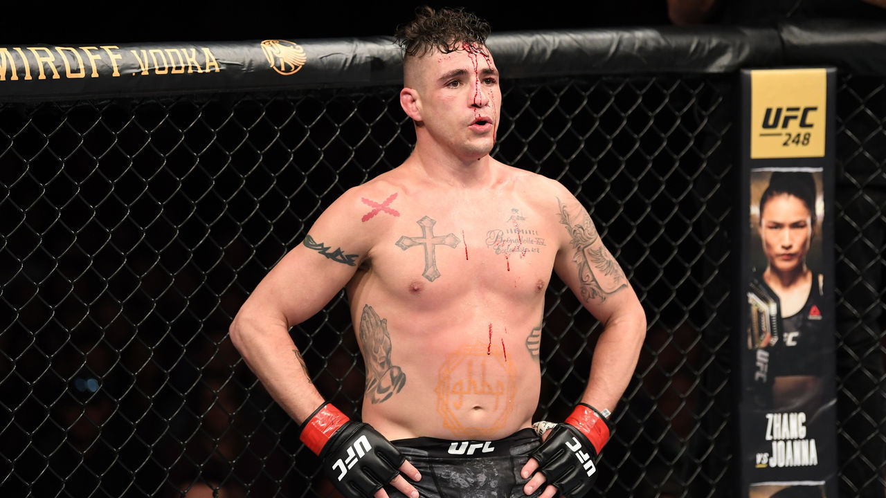 RIO RANCHO, NEW MEXICO - FEBRUARY 15: Diego Sanchez reacts after an illegal knee from Michel Pereira in their welterweight bout during the UFC Fight Night event at Santa Ana Star Center on February 15, 2020 in Rio Rancho, New Mexico.