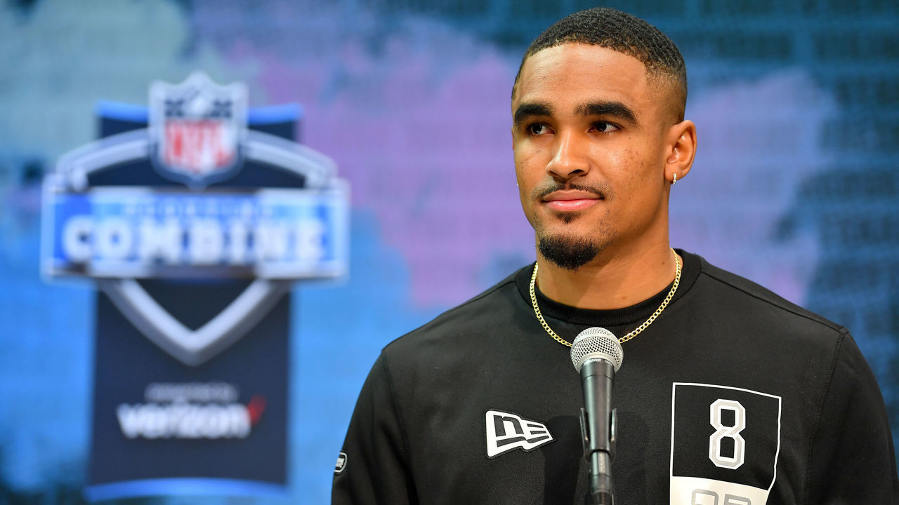 INDIANAPOLIS, INDIANA - FEBRUARY 25: Jalen Hurts #QB08 of Oklahoma interviews during the first day of the NFL Scouting Combine at Lucas Oil Stadium on February 25, 2020 in Indianapolis, Indiana.