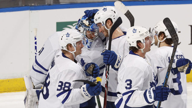 SUNRISE, FL - FEBRUARY 27: Teammates congratulate Goaltender Frederik Andersen #31 of the Toronto Maple Leafs after the game against the Florida Panthers at the BB&T Center on February 27, 2020 in Sunrise, Florida.