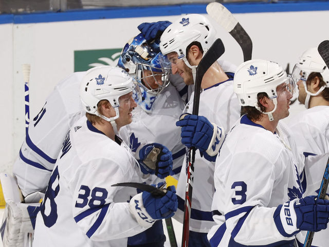 SUNRISE, FL - FEBRUARY 27: Teammates congratulate Goaltender Frederik Andersen #31 of the Toronto Maple Leafs after the game against the Florida Panthers at the BB&T Center on February 27, 2020 in Sunrise, Florida.