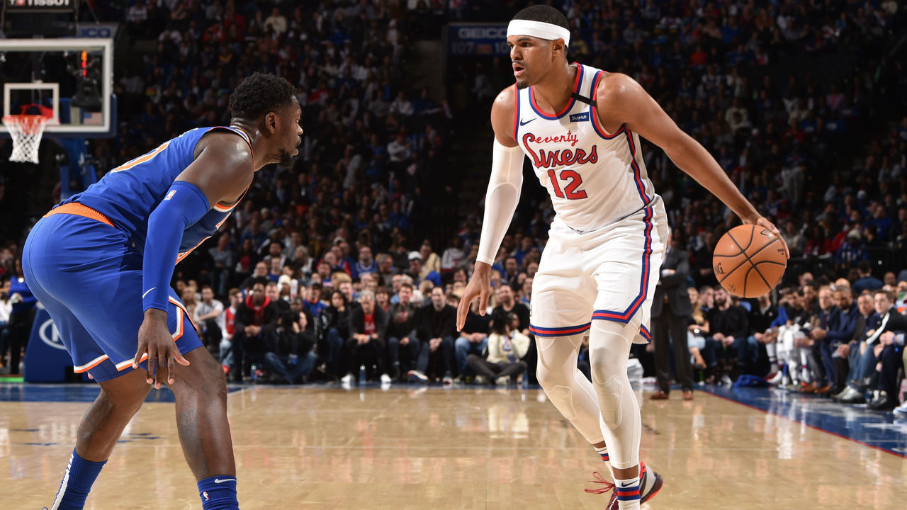 PHILADELPHIA, PA - FEBRUARY 27: Tobias Harris #12 of the Philadelphia 76ers handles the ball against the New York Knicks on February 27, 2020 at the Wells Fargo Center in Philadelphia, Pennsylvania NOTE TO USER: User expressly acknowledges and agrees that, by downloading and/or using this Photograph, user is consenting to the terms and conditions of the Getty Images License Agreement. Mandatory Copyright Notice: Copyright 2020 NBAE