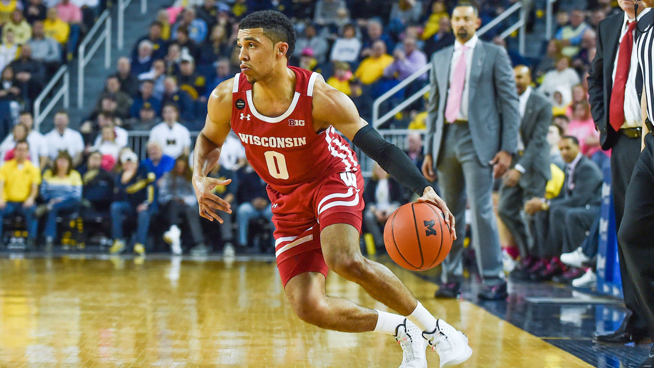 ANN ARBOR, MICHIGAN - FEBRUARY 27: D'Mitrik Trice #0 of the Wisconsin Badgers dribbles the ball during the second half of a college basketball game against the Michigan Wolverines at Crisler Arena on February 27, 2020 in Ann Arbor, Michigan. The Wisconsin Badgers won the game 81-74.