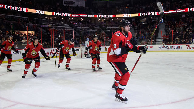 OTTAWA, ON - FEBRUARY 27: Ottawa Senators Right Wing Bobby Ryan (9) celebrates after scoring a first period goal against the Vancouver Canucks during the NHL game on February 27, 2020 at the Canadian Tire Centre in Ottawa, Ontario, Canada.