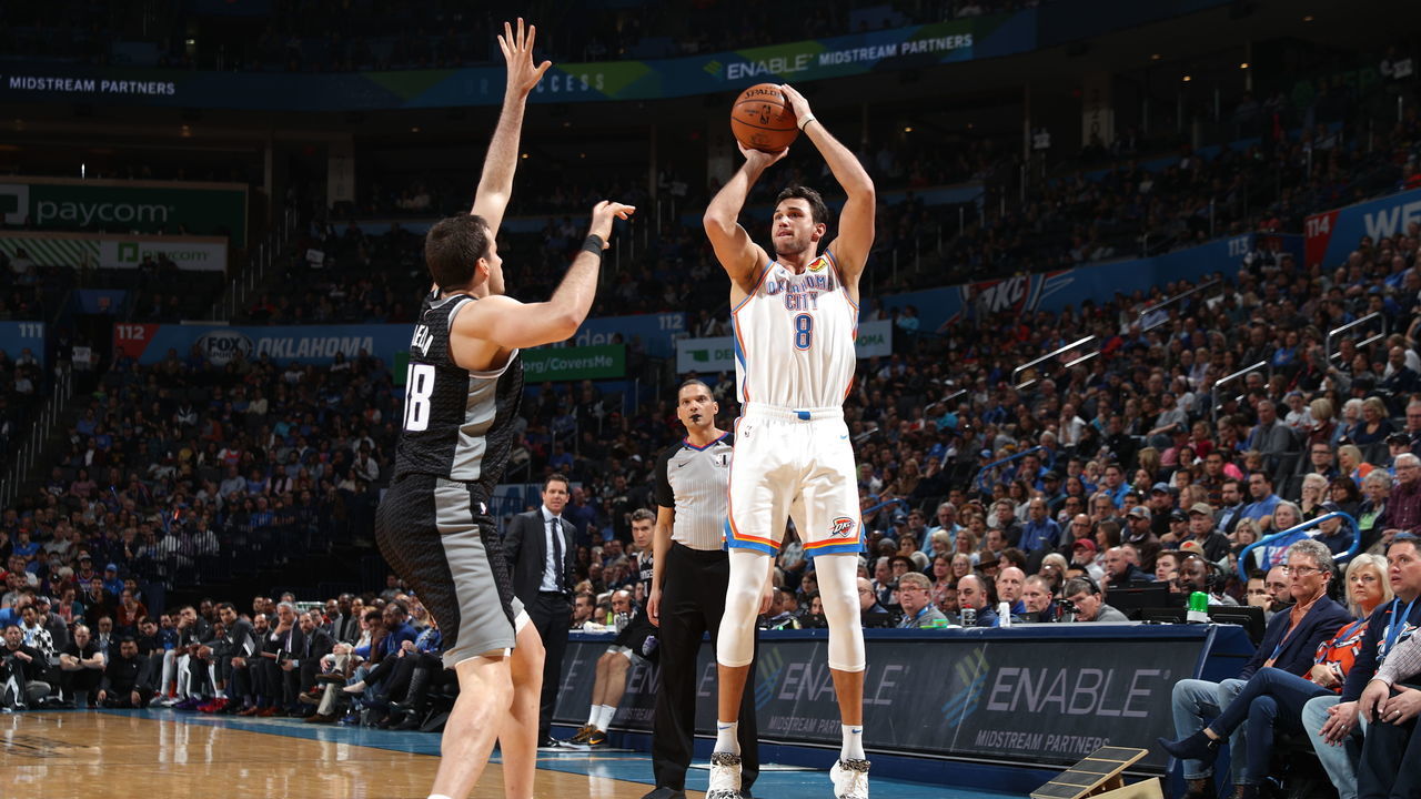 OKLAHOMA CITY, OK - FEBRUARY 27: Danilo Gallinari #8 of the Oklahoma City Thunder shoots the ball against the Sacramento Kings on February 27, 2020 at Chesapeake Energy Arena in Oklahoma City, Oklahoma. Mandatory Copyright Notice: Copyright 2020 NBAE