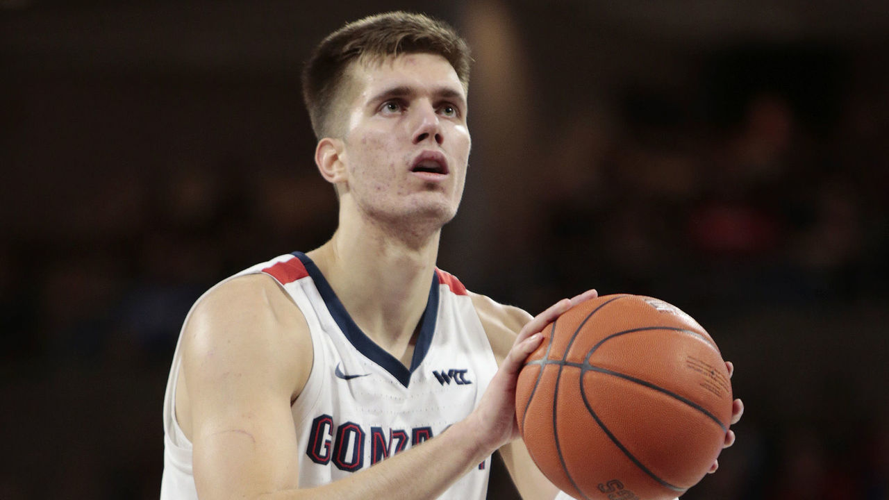SPOKANE, WASHINGTON - JANUARY 04: Filip Petrusev #3 of the Gonzaga Bulldogs takes a free throw against the Pepperdine Waves in the game at McCarthey Athletic Center on January 04, 2020 in Spokane, Washington. Gonzaga defeats Pepperdine 75-70.