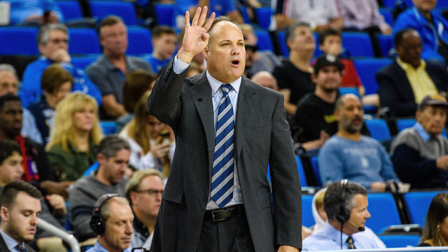 LOS ANGELES, CA - JANUARY 19: California Golden Bears head coach Mark Fox signals a play during the game between the California Bears and the UCLA Bruins on January 19, 2020, at Pauley Pavilion in Los Angeles, CA.