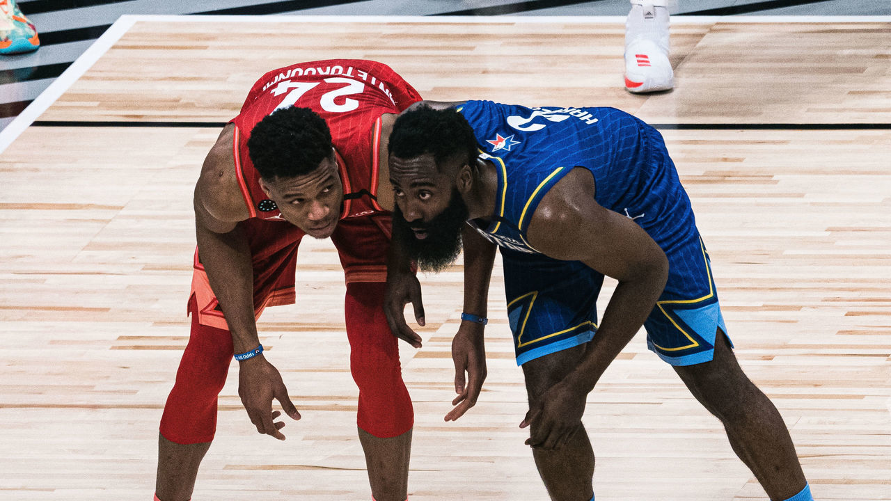 CHICAGO, ILLINOIS - FEBRUARY 16: James Harden #2 of Team LeBron plays defense against Giannis Antetokounmpo #24 of Team Giannis during the 69th NBA All-Star Game on February 16, 2020 at the United Center in Chicago, Illinois.