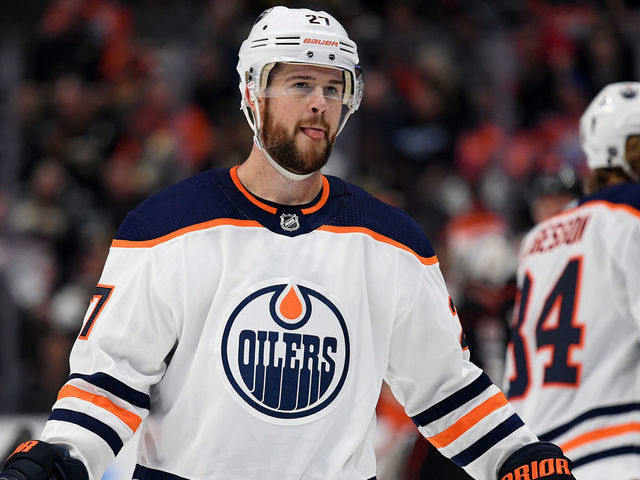 ANAHEIM, CALIFORNIA - FEBRUARY 25: Mike Green #27 of the Edmonton Oilers waits for a faceoff during a 4-3 Anaheim Ducks overtime win at Honda Center on February 25, 2020 in Anaheim, California.