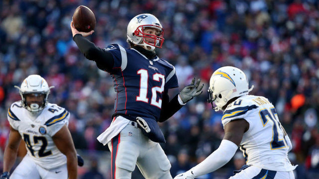 FOXBORO MA. - JANUARY 13: Tom Brady (12) of the New England Patriots throws during the third quarter of the AFC Divisional playoff game at Gillette Stadium on January 13, 2019 in Foxboro, MA. (Staff Photo By Nancy Lane/MediaNews Group/Boston Herald)
