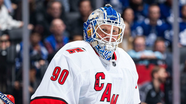 TORONTO, ON - FEBRUARY 22: Emergency backup goaltender Dave Ayres #90 of the Carolina Hurricanes looks on against the Toronto Maple Leafs during the second period at the Scotiabank Arena on February 22, 2020 in Toronto, Ontario, Canada.