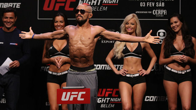 BELEM, BRAZIL - FEBRUARY 02: Deiveson Figueiredo of Brazil poses on the scale during a UFC Fight Night weigh-in at Mangueirinho Arena on February 02, 2018 in Belem, Brazil.