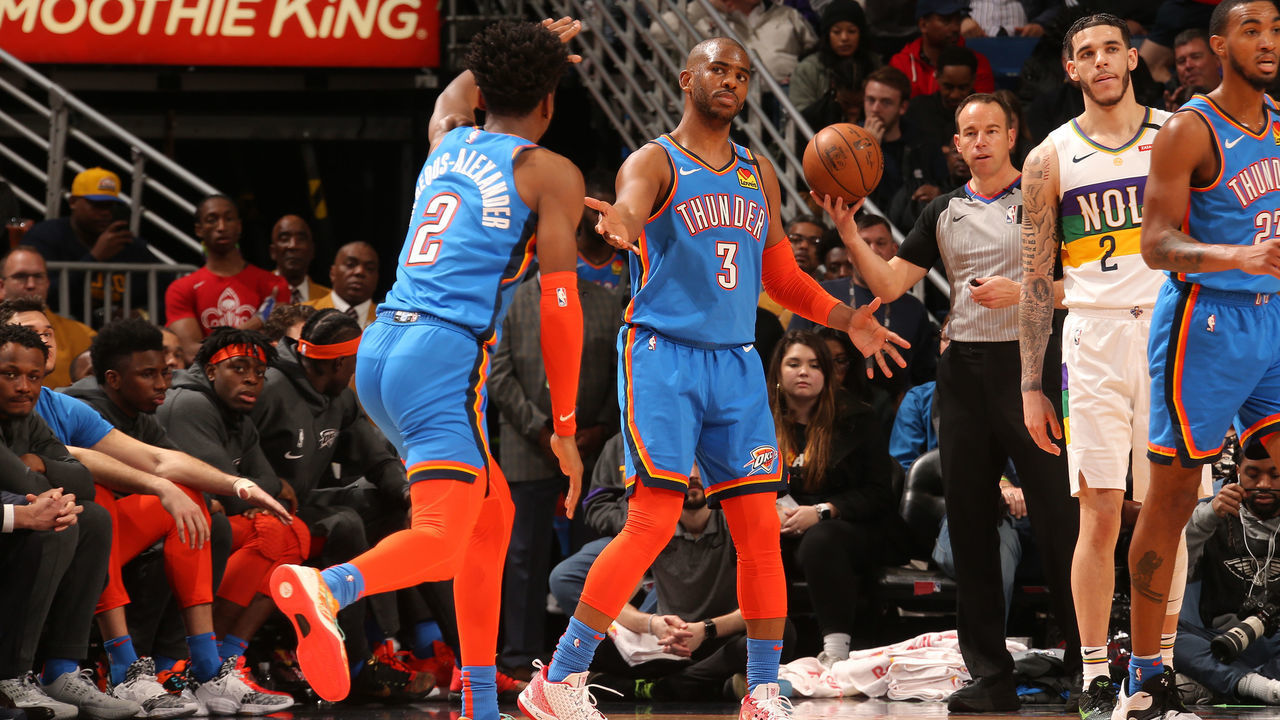 NEW ORLEANS, LA - FEBRUARY 13: Shai Gilgeous-Alexander #2 of the Oklahoma City Thunder high-fives Chris Paul #3 of the Oklahoma City Thunder against the New Orleans Pelicans on February 13, 2020 at the Smoothie King Center in New Orleans, Louisiana. Mandatory Copyright Notice: Copyright 2020 NBAE
