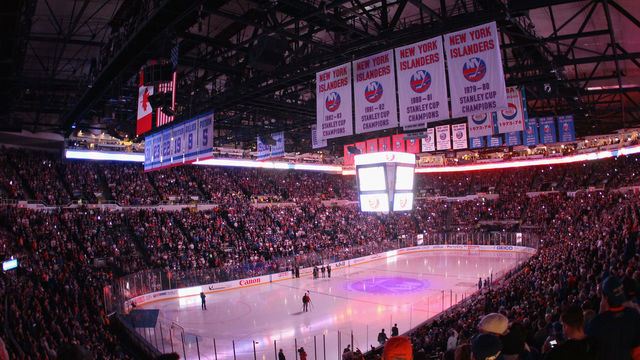 UNIONDALE, NY - APRIL 11: The crowd awaits the start of the game between the New York Islanders and the Columbus Blue Jackets at the Nassau Veterans Memorial Coliseum on April 11, 2015 in Uniondale, New York. This is the last regular season game to be played in the building as it stands now. The team will relocate to the Barclay's Center in the Brooklyn borough of New York City starting in the 2015-16 season.