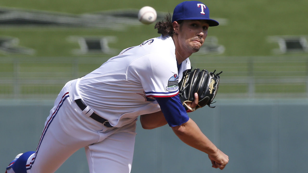 SURPRISE, ARIZONA - FEBRUARY 27: Pitcher Tyler Phillips #80 of the Texas Rangers throws against the Chicago Cubs during the first inning of a Cactus League spring training game at Surprise Stadium on February 27, 2020 in Surprise, Arizona.